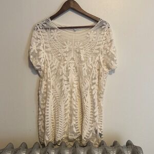 To The Way Cream Lace Overlay Tunic Top Short Sleeve Sheer Floral